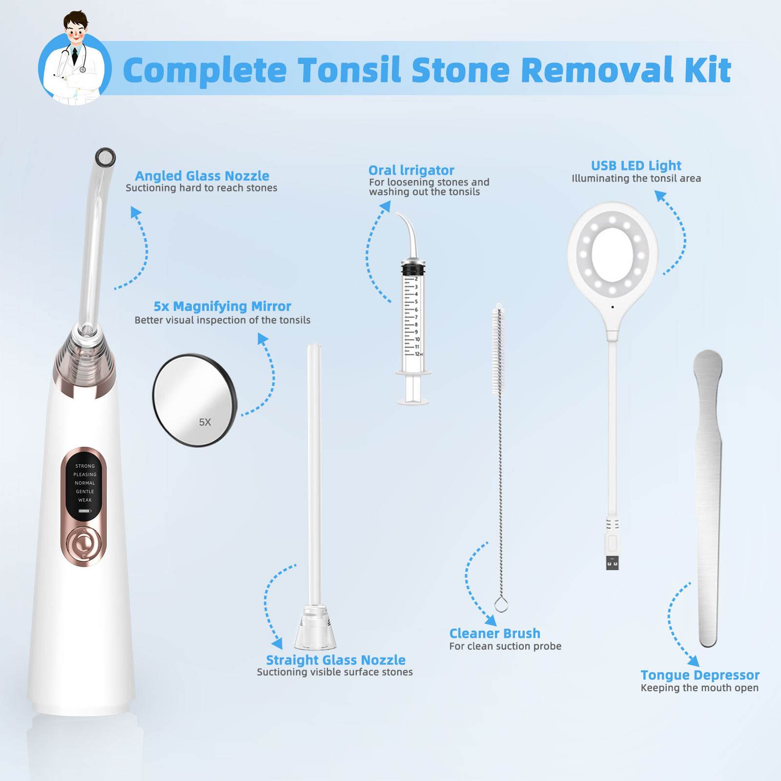 Electric Tonsil Stone Removal Kit Instant Suction Tool Oral Irrigator Syringe Tongue Depressor 5X Magnifying Tonsil Remover