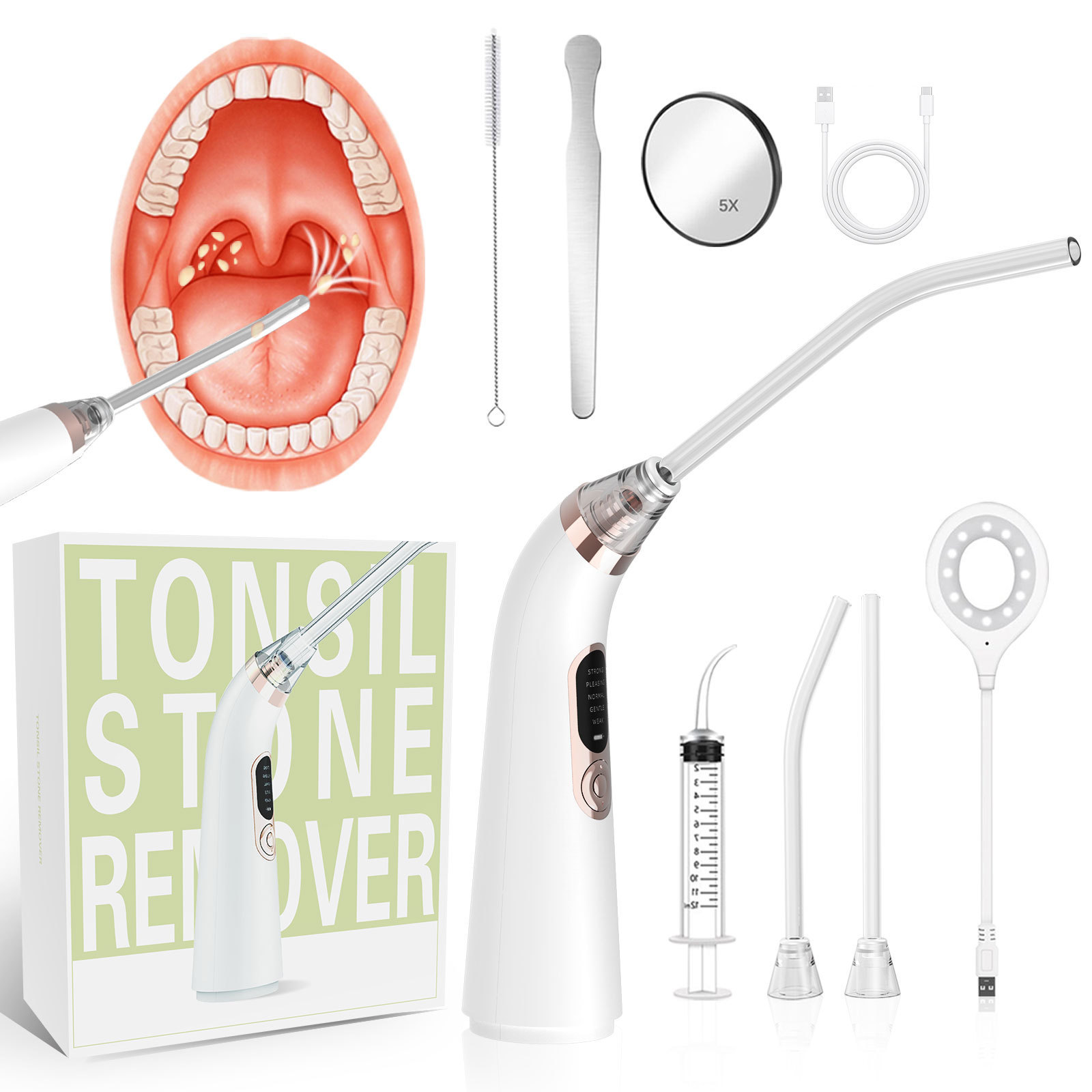 Electric Tonsil Stone Removal Kit Instant Suction Tool Oral Irrigator Syringe Tongue Depressor 5X Magnifying Tonsil Remover