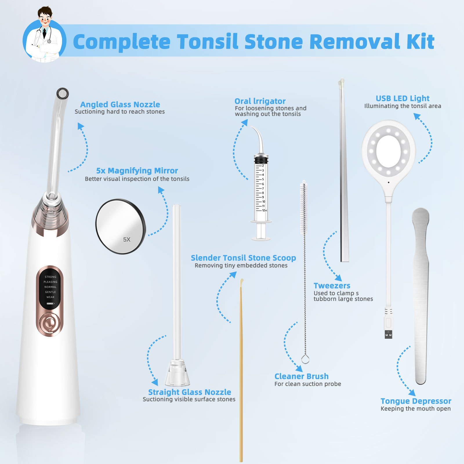 Electric Tonsil Stone Removal Kit Instant Suction Tool Oral Irrigator Syringe Tongue Depressor 5X Magnifying Tonsil Remover