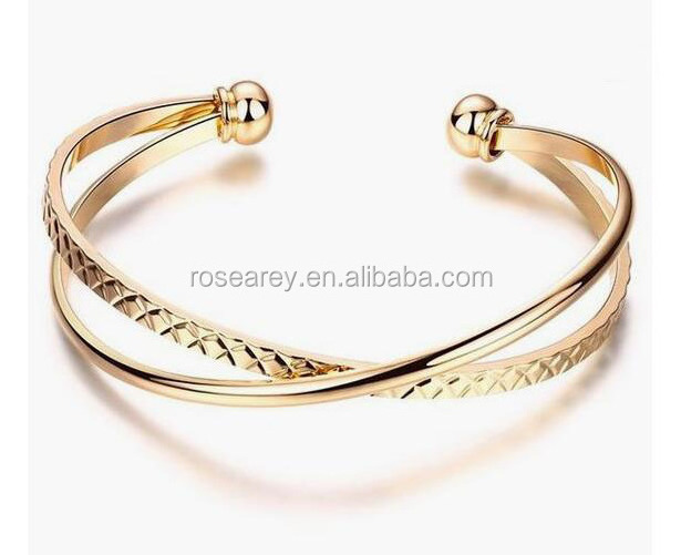 Saudi Gold Jewelry Stainless Steel Interlocked Crossover Engraved Cuff Bracelet Bangles For Women