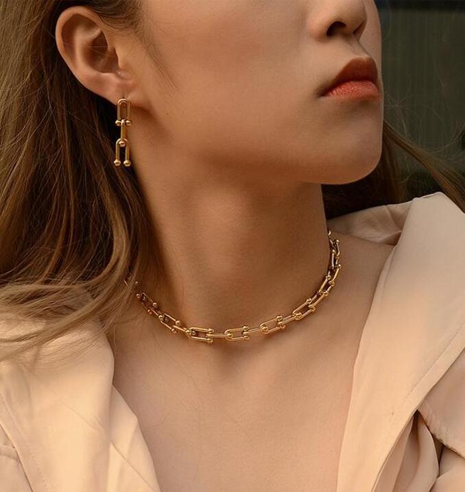 2024 Trendy Link Chain Jewelry Set Women Stainless Steel Chunky Thick Interlocking Link Gold Plated U Shaped Necklace