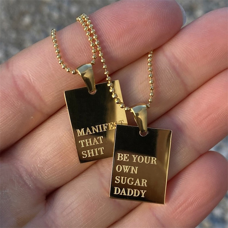 Hot selling Custom engraved rectangle pendant inspirational quotes 18k gold Stainless steel necklace Personalized Women Jewelry