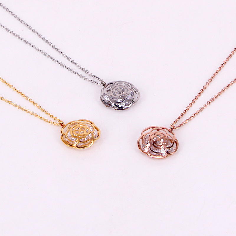 Fashion Luxury Stainless steel Gold Plated Hollow Crystal Love flower Pendant Necklace Women Ladies Valentines Gift