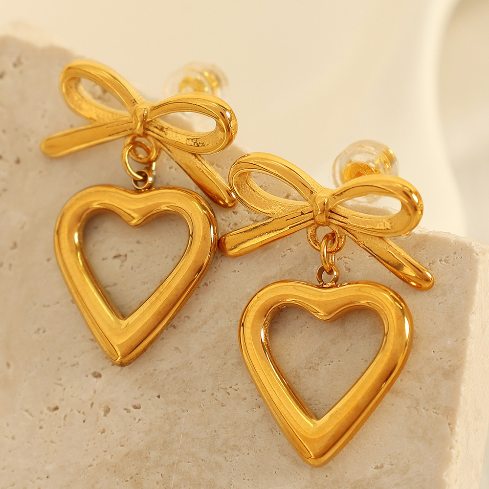 2024 New Styles Stainless Steel Drop Dangle Heart Ribbon Stud Earrings Coquette Jewelry Gold Bow Heart Earrings for women