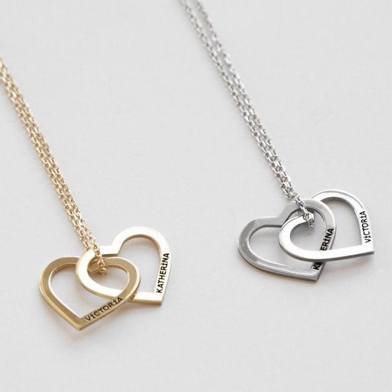 Stainless Steel Engravable Jewelry Friendship Custom Personalized Double Heart Necklace Heart Name Necklace