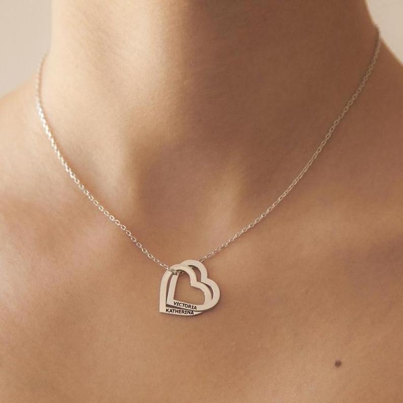 Stainless Steel Engravable Jewelry Friendship Custom Personalized Double Heart Necklace Heart Name Necklace