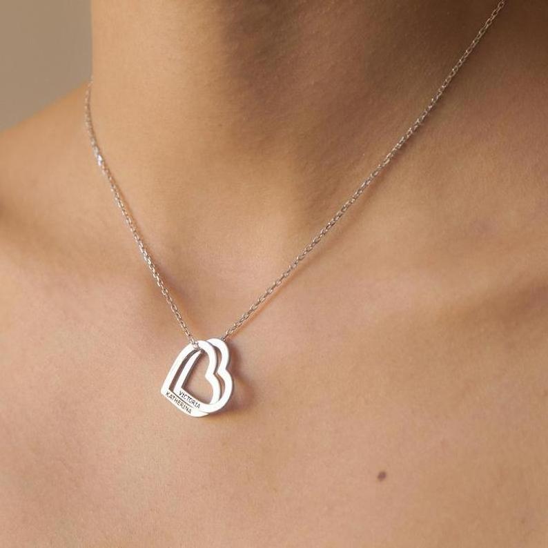 Stainless Steel Engravable Jewelry Friendship Custom Personalized Double Heart Necklace Heart Name Necklace