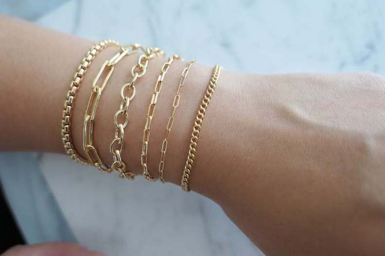 2023 Stainless Steel Fashion Jewelry Women Thin PVD 14k Gold Plated Paper Clip Chain Bracelet Femme Wholesale