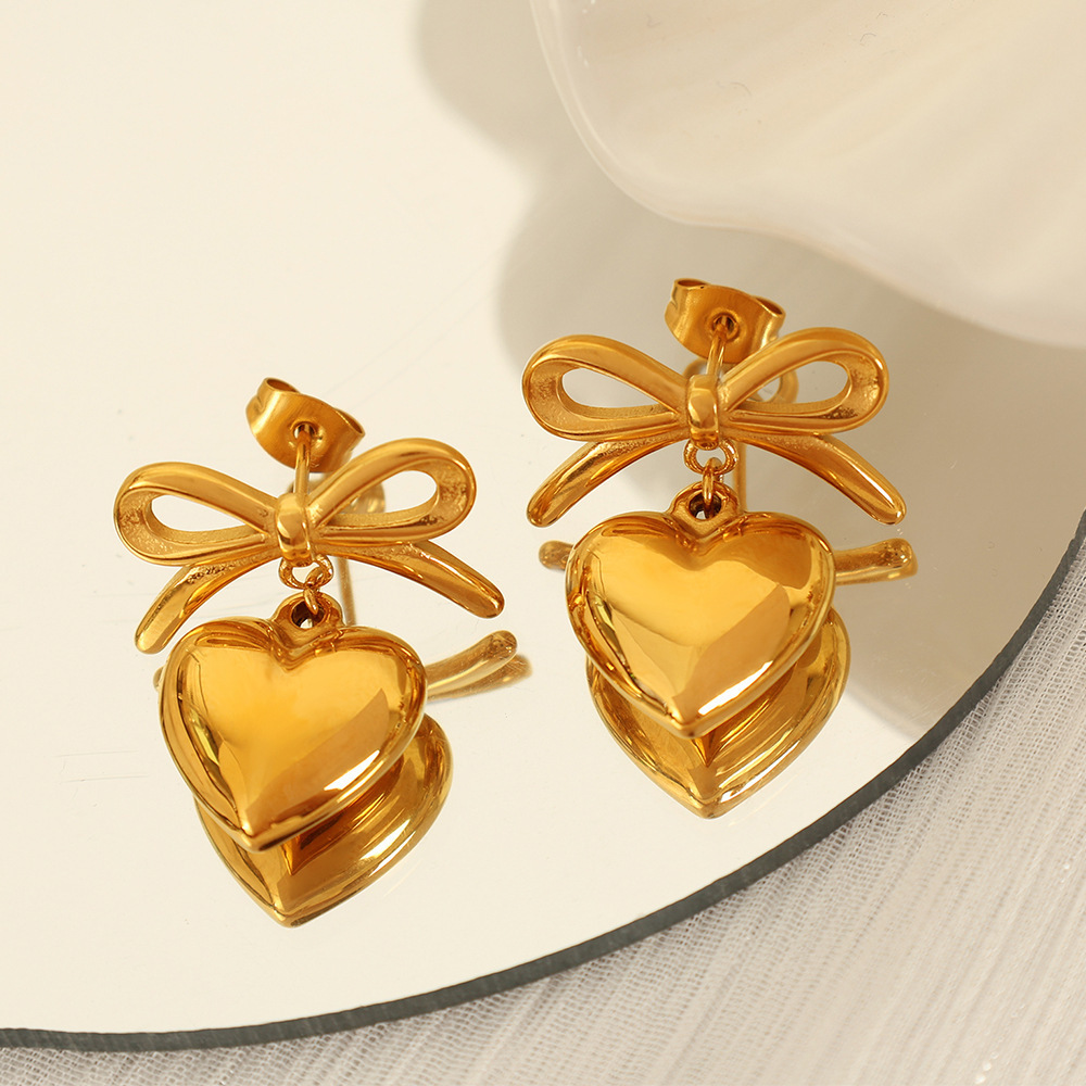 2024 New Styles Stainless Steel Drop Dangle Heart Ribbon Stud Earrings Coquette Jewelry Gold Bow Heart Earrings for women