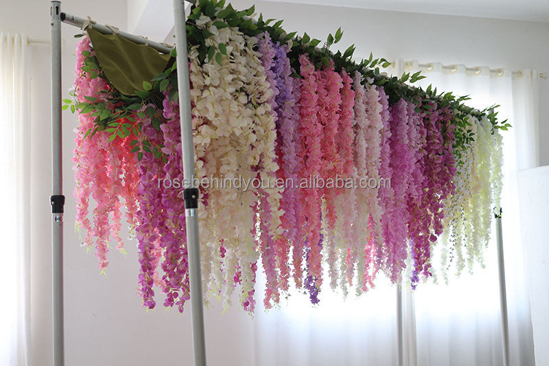 Roll up white purple hanging wall flower vine ceiling silk wisteria 3d flower wall backdrop decor for wedding backdrop