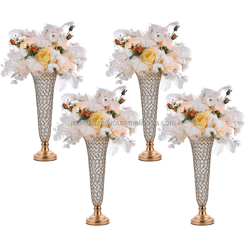 Tall Gold Beaded Crystals Candelabra Trumpet Floral Vase Wedding Centerpiece