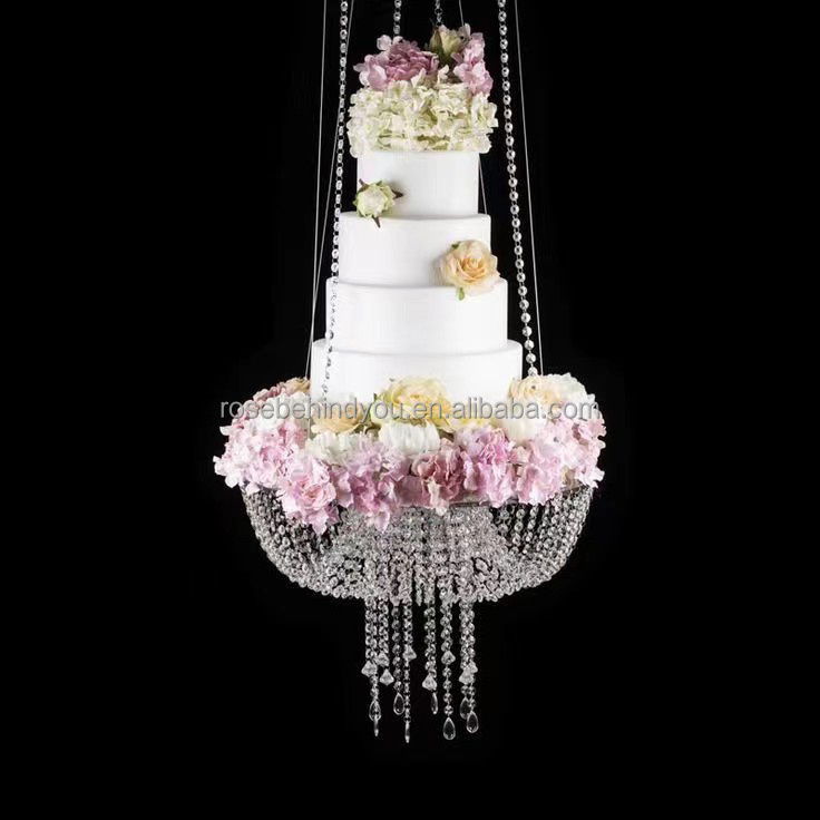 Wedding supplied modern swing chandelier hanging cake stand with crystals for wedding decorative