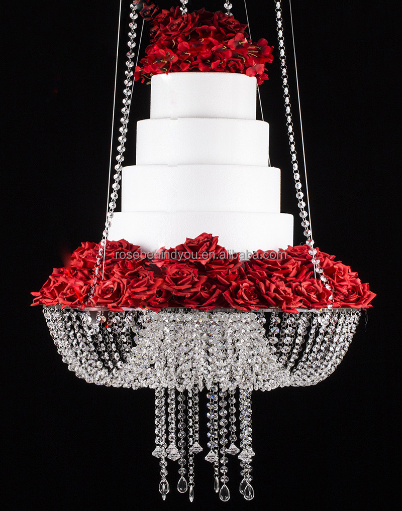 Wedding supplied modern swing chandelier hanging cake stand with crystals for wedding decorative