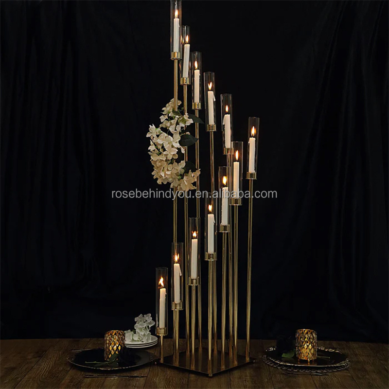 2023 Large luxury 9 arms glass pillar wedding decoration candle holders tall crystal glass candelabra