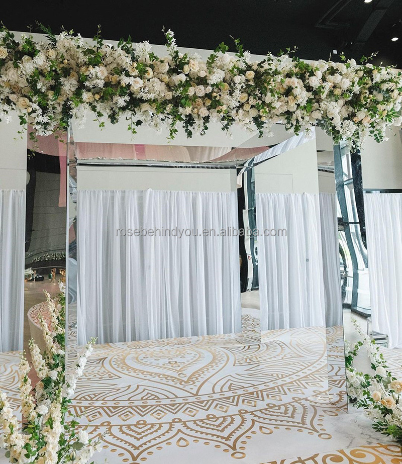 S shape white wedding arch gold curve backdrop stand with crystal curtain hanging