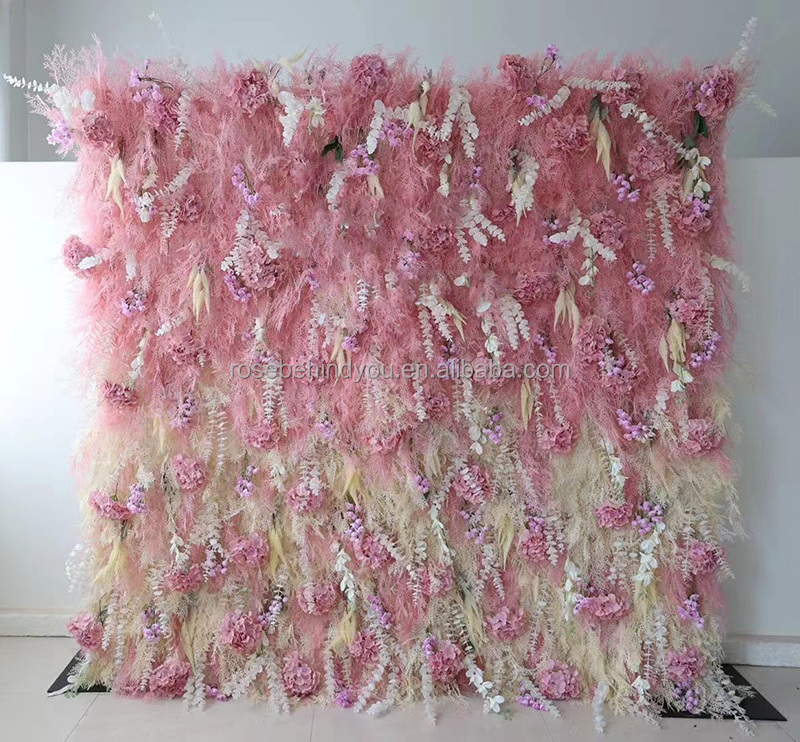 Salon Store Rental Wedding Decor 5D Luxury Tropical Foliage Pampas Wall Panel Silk Artificial Pampas Grass Flower Wall Backdrop