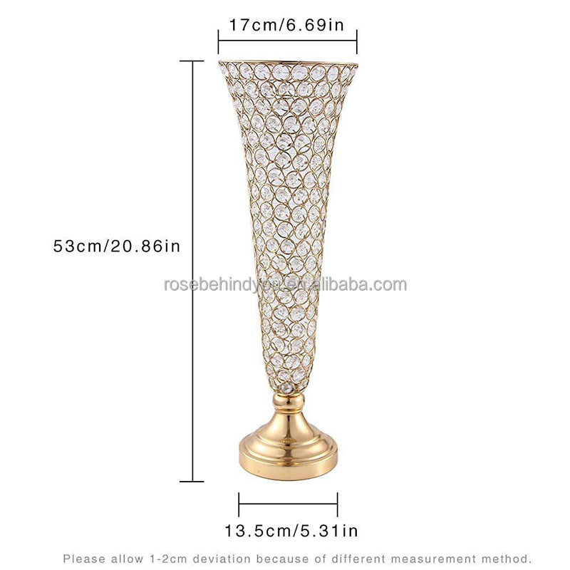 Tall Gold Beaded Crystals Candelabra Trumpet Floral Vase Wedding Centerpiece