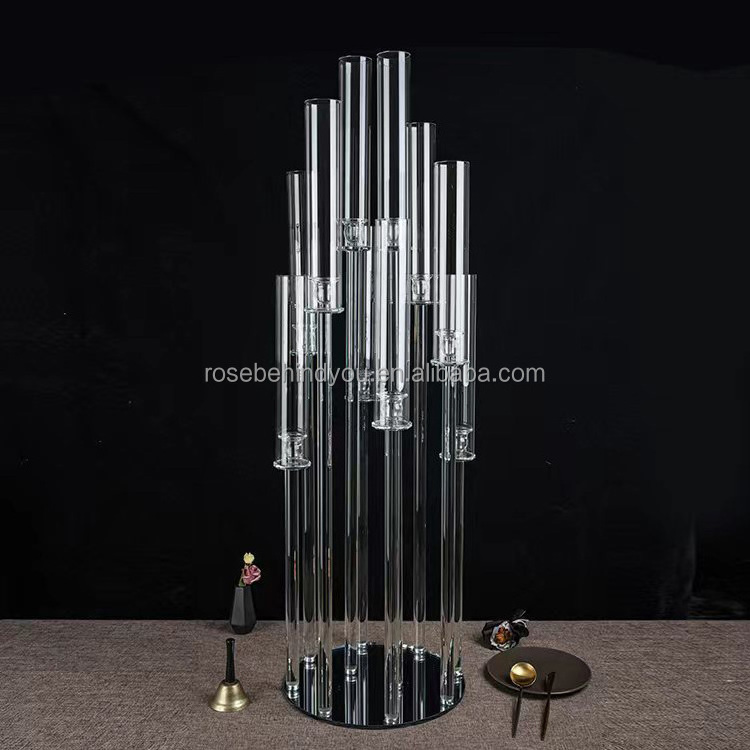 2023 Large luxury 9 arms glass pillar wedding decoration candle holders tall crystal glass candelabra