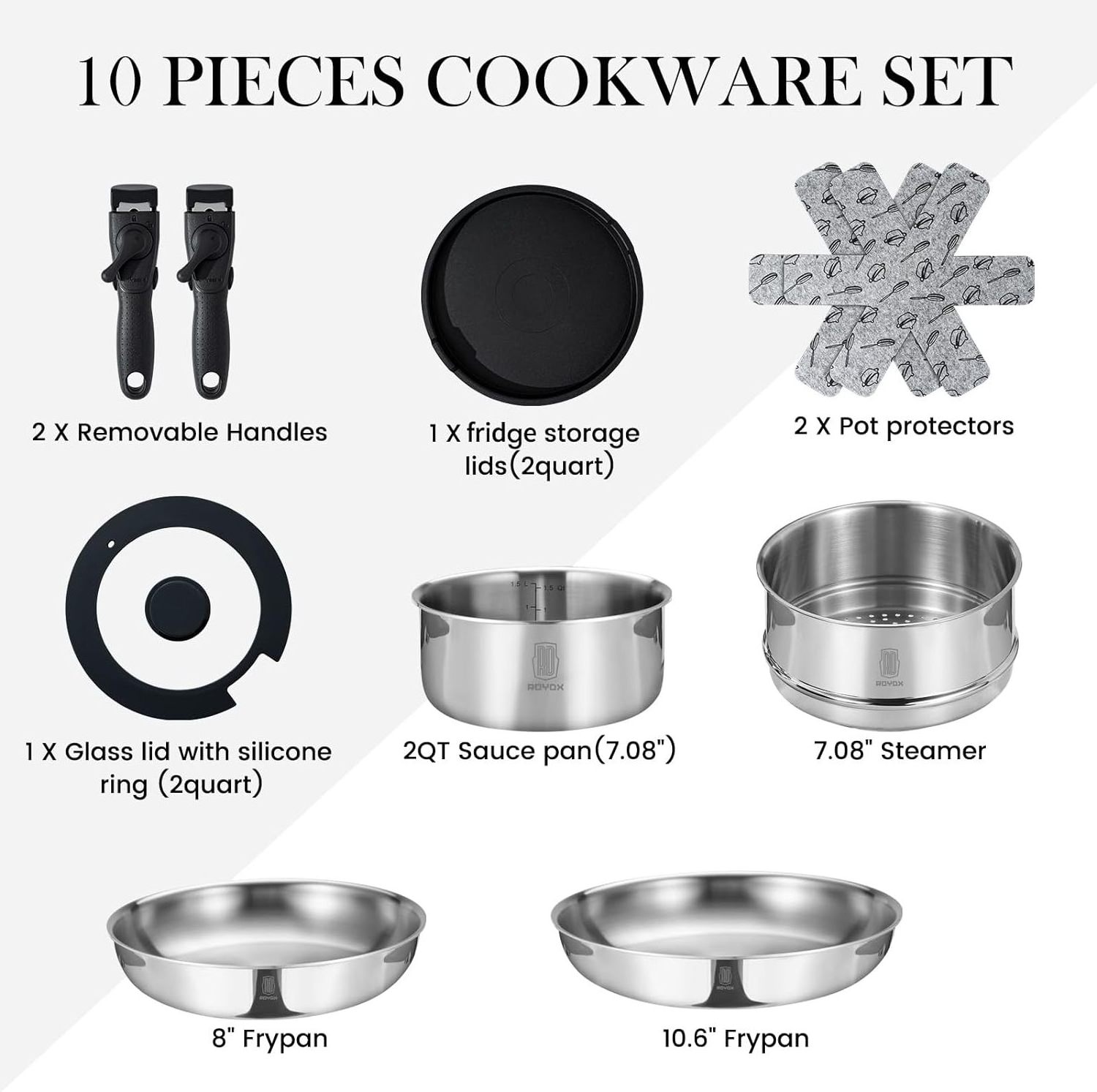 10 Piece Stainless Steel Kitchen Removable Handle Cookware Set, Frying Saucepans with Lid