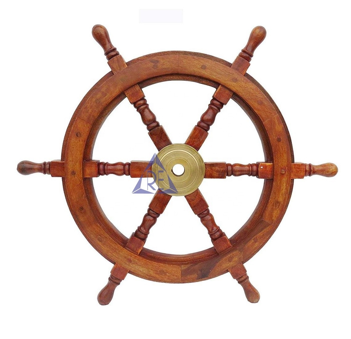 Handmade Wooden Wagon round Shape Wheel with Brass Center Boho Style Wall Hanging Ship Wheel with Six Spoke for Home Decor