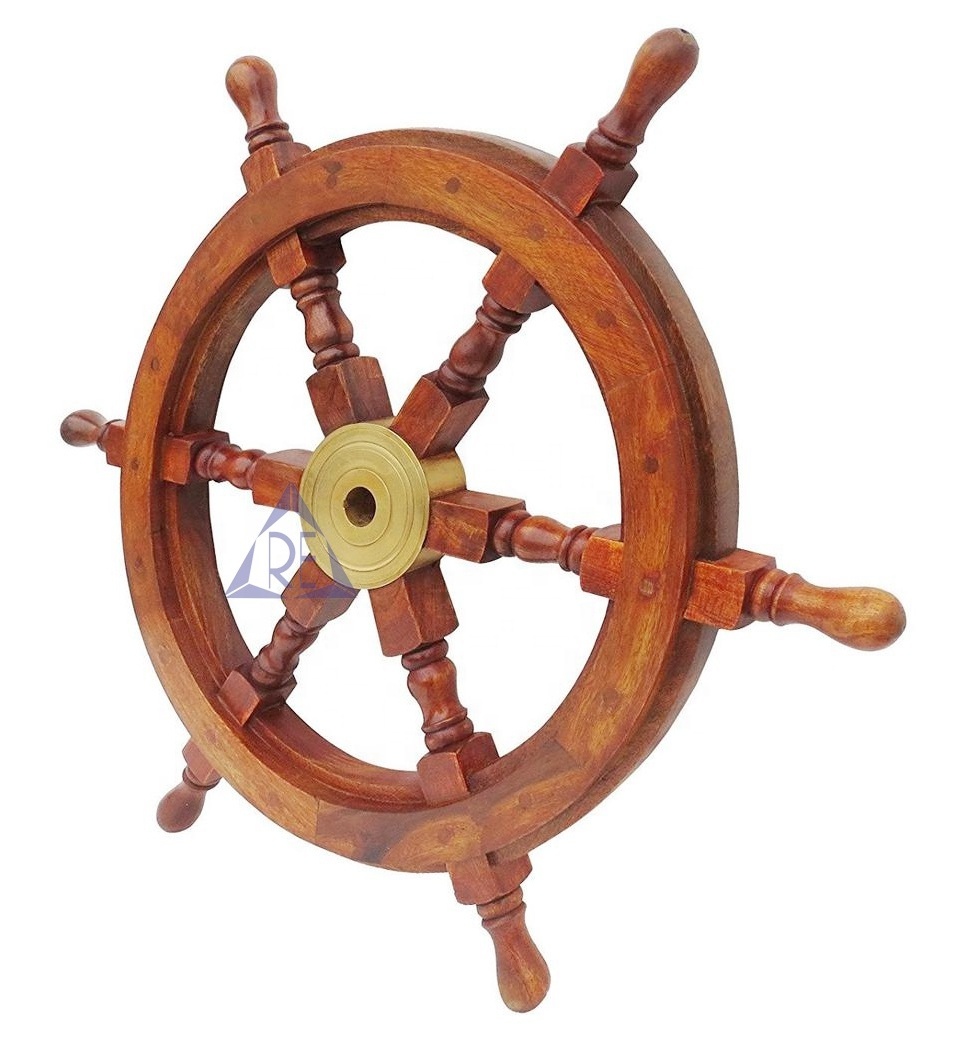 Handmade Wooden Wagon round Shape Wheel with Brass Center Boho Style Wall Hanging Ship Wheel with Six Spoke for Home Decor