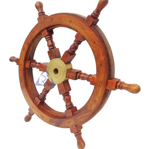 Handmade Wooden Wagon round Shape Wheel with Brass Center Boho Style Wall Hanging Ship Wheel with Six Spoke for Home Decor