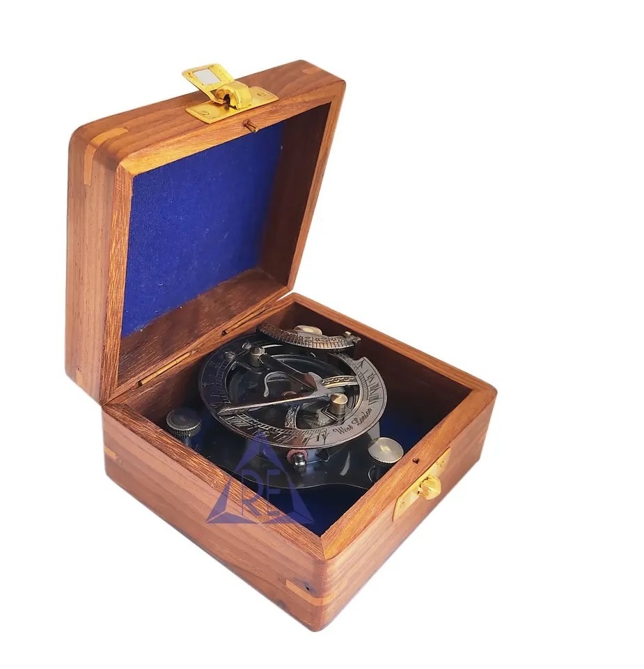 Brass Golden Sun Clock Compass with Wooden Box Vintage Nautical Sundial Compass With Wooden Box West London Sundial Compass