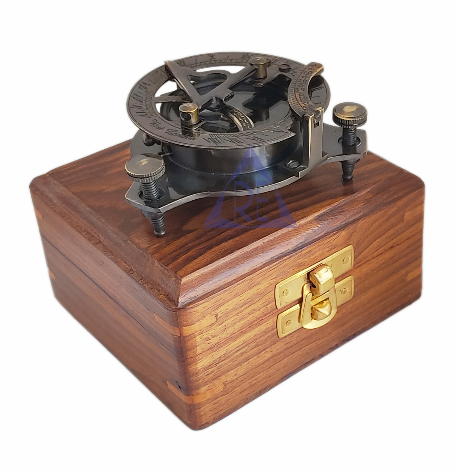 Solid Brass Captain's Triangle Antique 3 inch Sundial Compass With Wooden Box West London Sundial Compass