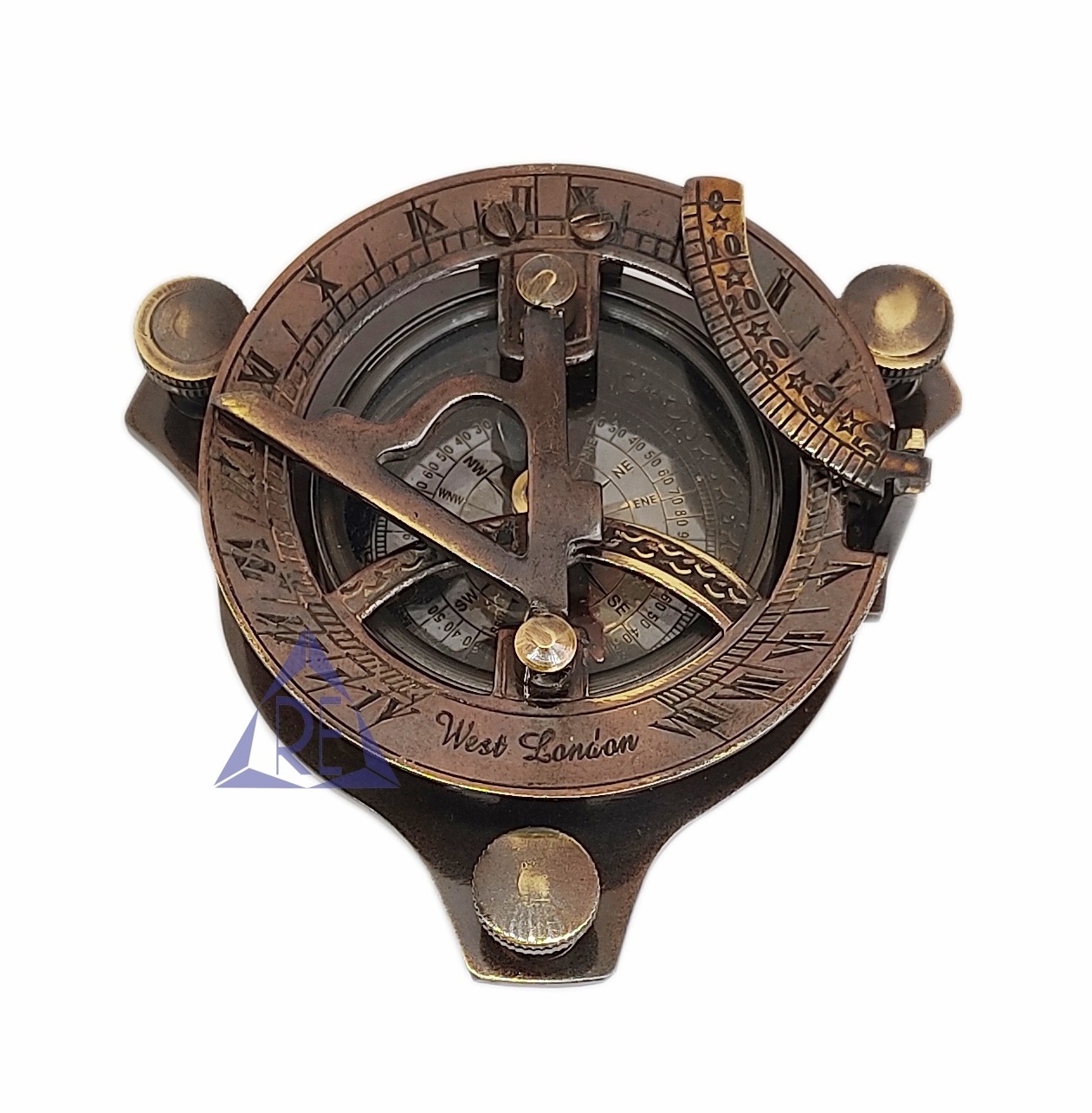 Solid Brass Captain's Triangle Antique 3 inch Sundial Compass With Wooden Box West London Sundial Compass