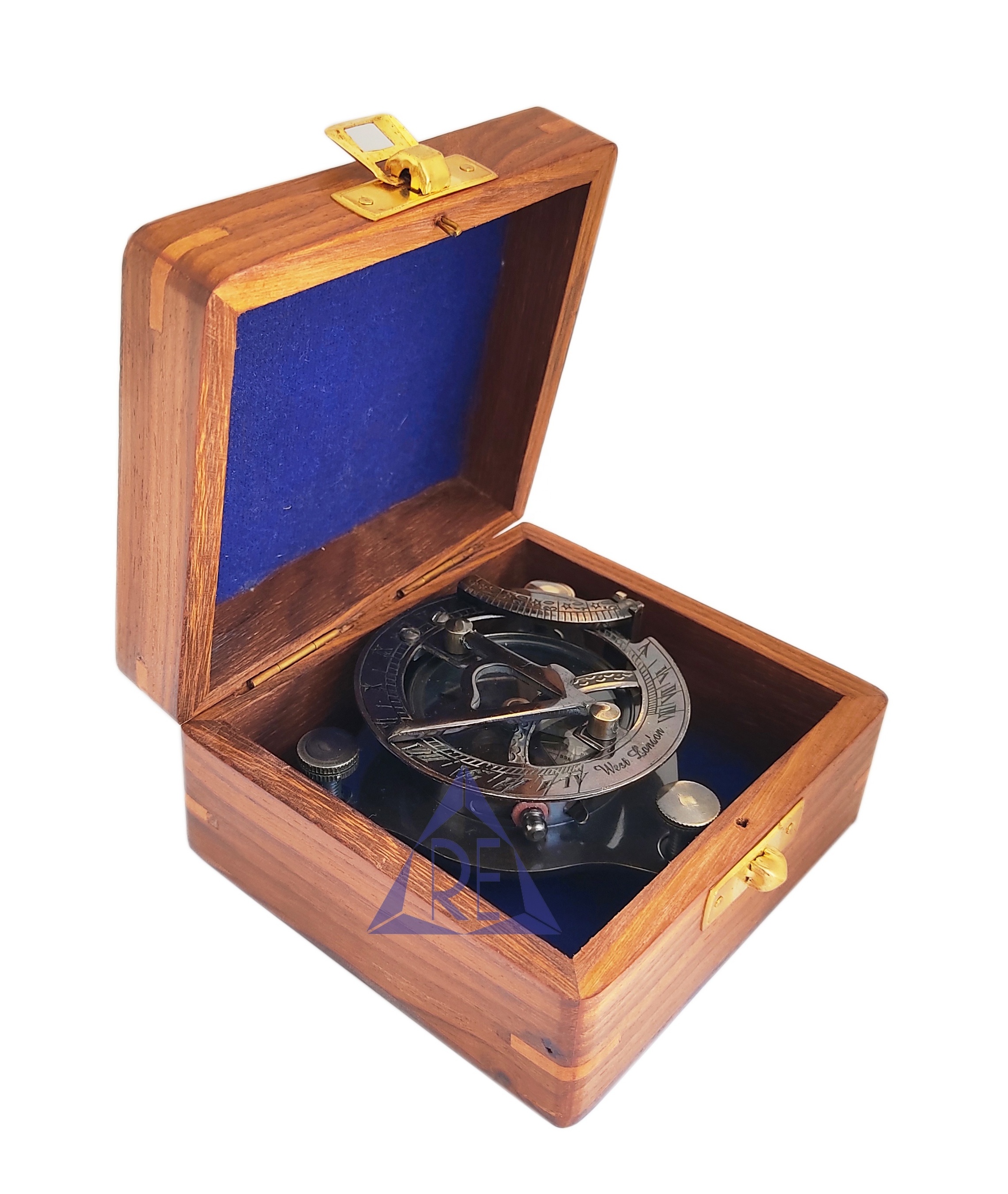 Solid Brass Captain's Triangle Antique 3 inch Sundial Compass With Wooden Box West London Sundial Compass