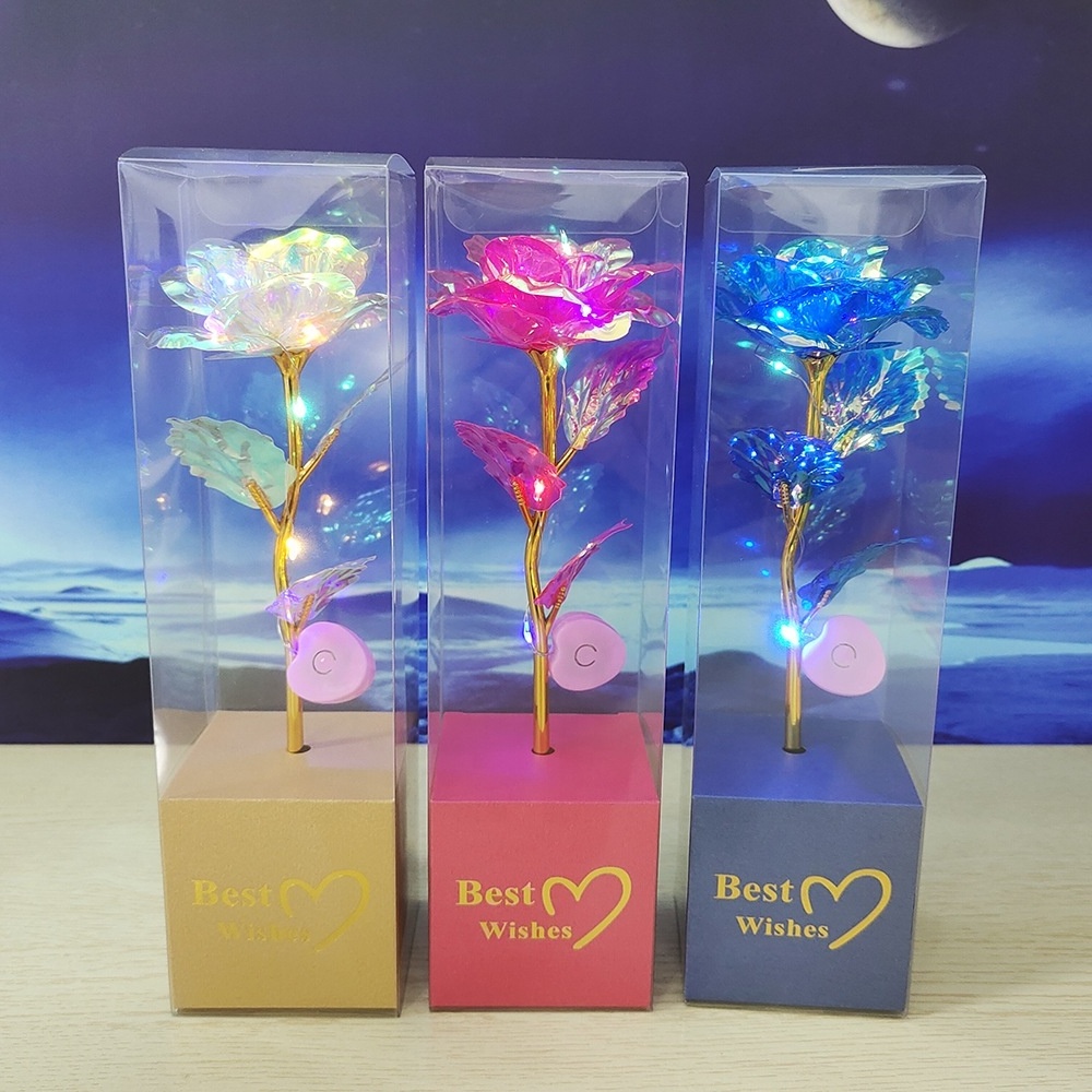 New Arrival Eternal Artificial Flower Rose LED Light 24k Foil Gold Galaxy Rose with PVC Box for Valentine Mother's Day Gift