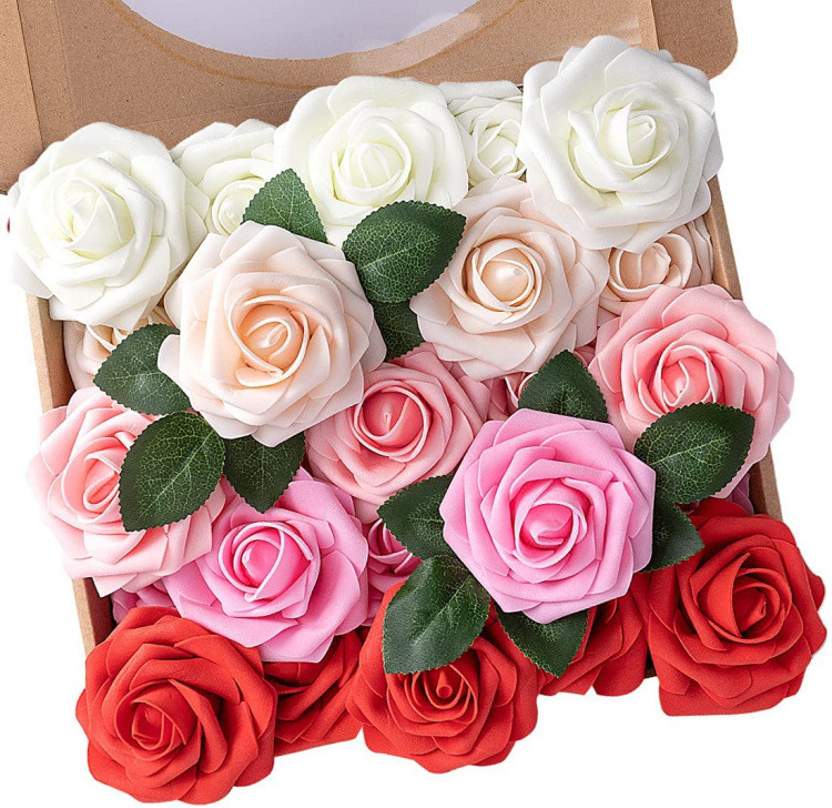 8CM White Pink Roses Artificial Flowers 25pcs Real Touch Artificial Foam Roses Decoration DIY for Wedding Party Home Decoration