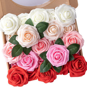 8CM White Pink Roses Artificial Flowers 25pcs Real Touch Artificial Foam Roses Decoration DIY for Wedding Party Home Decoration