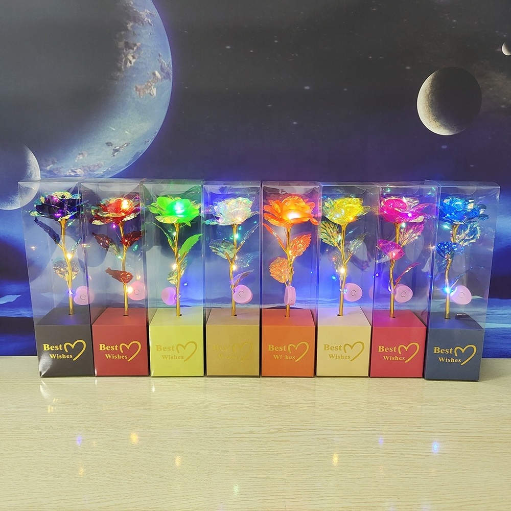 New Arrival Eternal Artificial Flower Rose LED Light 24k Foil Gold Galaxy Rose with PVC Box for Valentine Mother's Day Gift