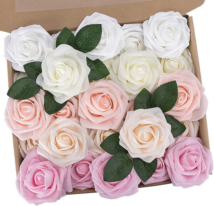 8CM White Pink Roses Artificial Flowers 25pcs Real Touch Artificial Foam Roses Decoration DIY for Wedding Party Home Decoration