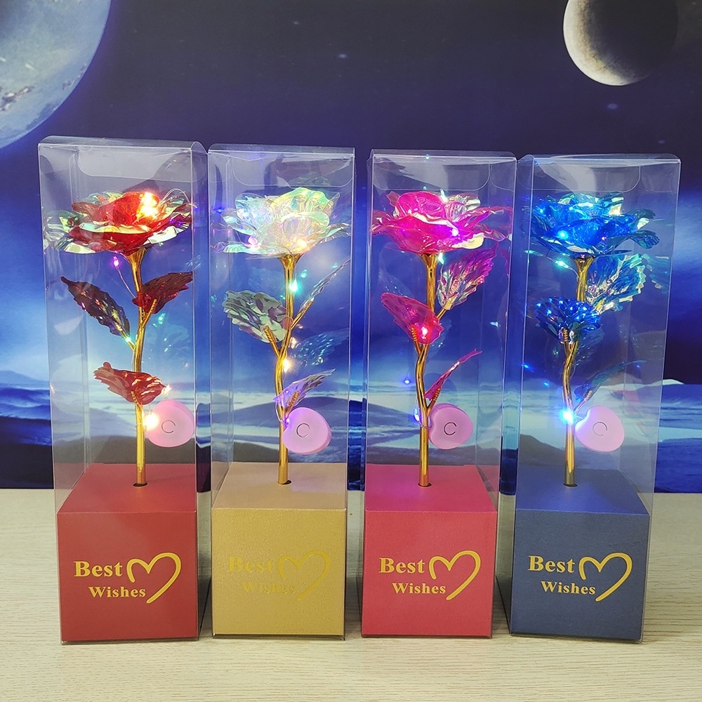 New Arrival Eternal Artificial Flower Rose LED Light 24k Foil Gold Galaxy Rose with PVC Box for Valentine Mother's Day Gift