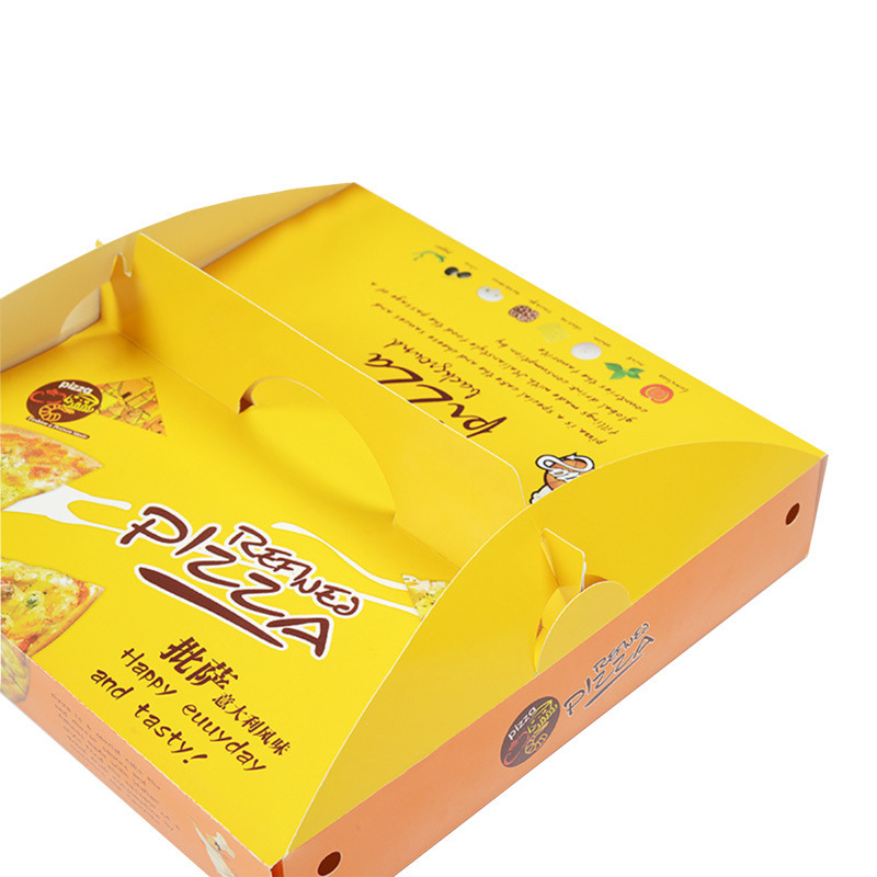 Wholesale white cardboard yellow portable pizza packaging takeaway cake food grade folding box