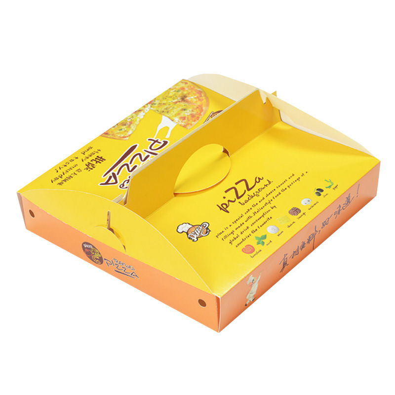 Wholesale white cardboard yellow portable pizza packaging takeaway cake food grade folding box