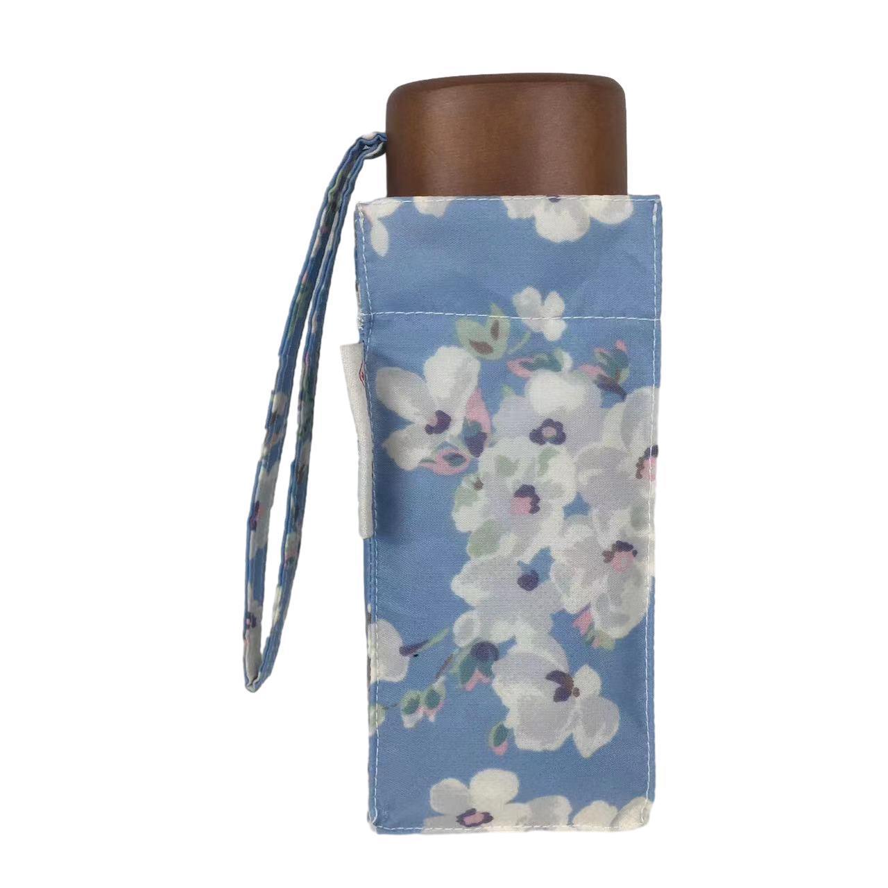 Tiny Five Folding Wooden Umbrella with Pocket Aluminium Sun and Rain Protection Flower Print Design