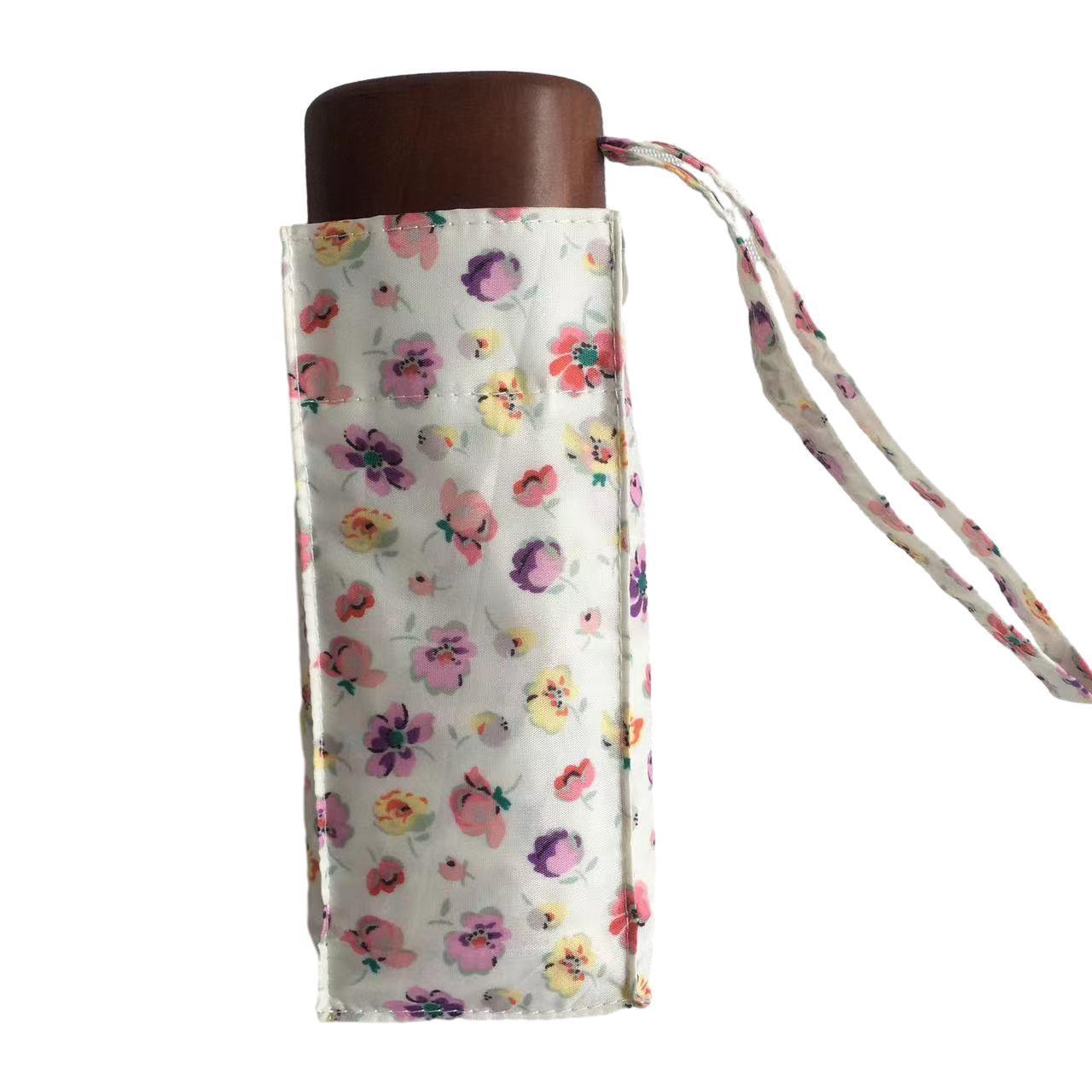 Tiny Five Folding wooden Aluminium Umbrella with Pocket Sun and Rain Protection Flower Print Design