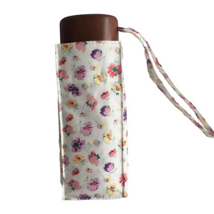 Tiny Five Folding wooden Aluminium Umbrella with Pocket Sun and Rain Protection Flower Print Design