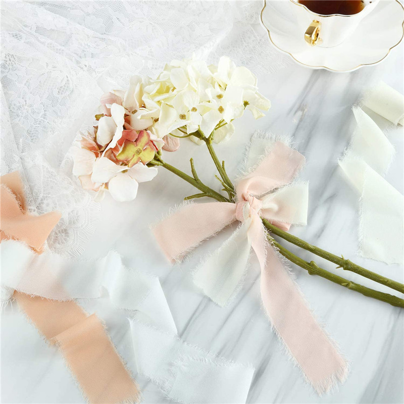 Handmade Fringe Chiffon Ribbon Nude Pink Set 1.5 Inch 3 Yard Silk-Like Ribbon Colorful Rustic Ribbon for Bouquets Wrapping