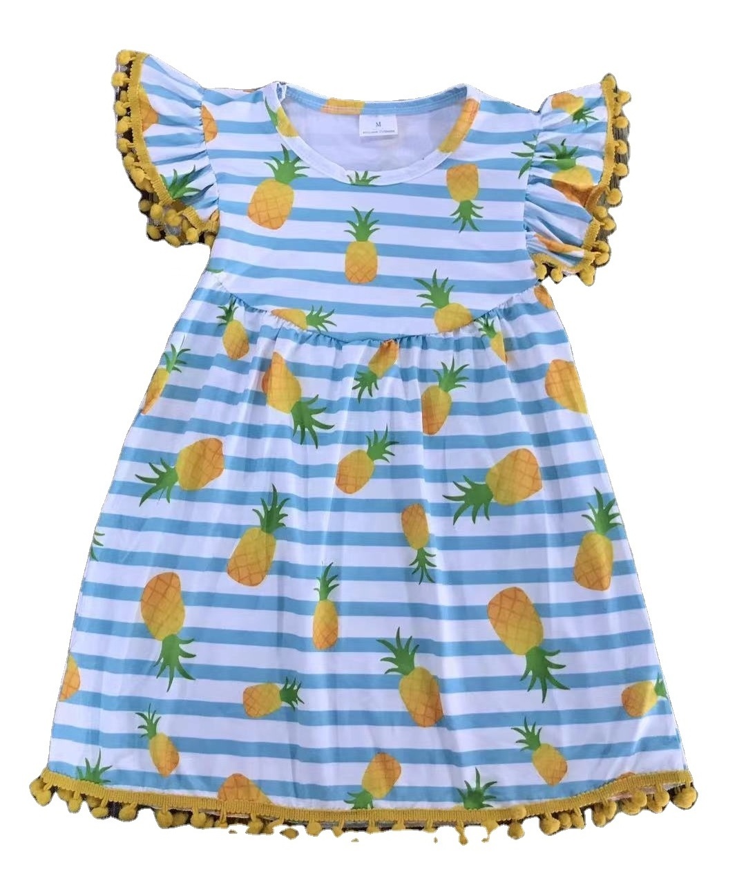 Girl's boutique clothing hot sale set pineapple blue and white stripes wool ball yellow decorative border dress