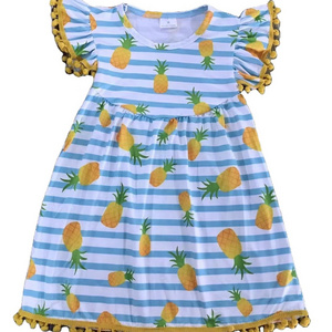 Girl's boutique clothing hot sale set pineapple blue and white stripes wool ball yellow decorative border dress