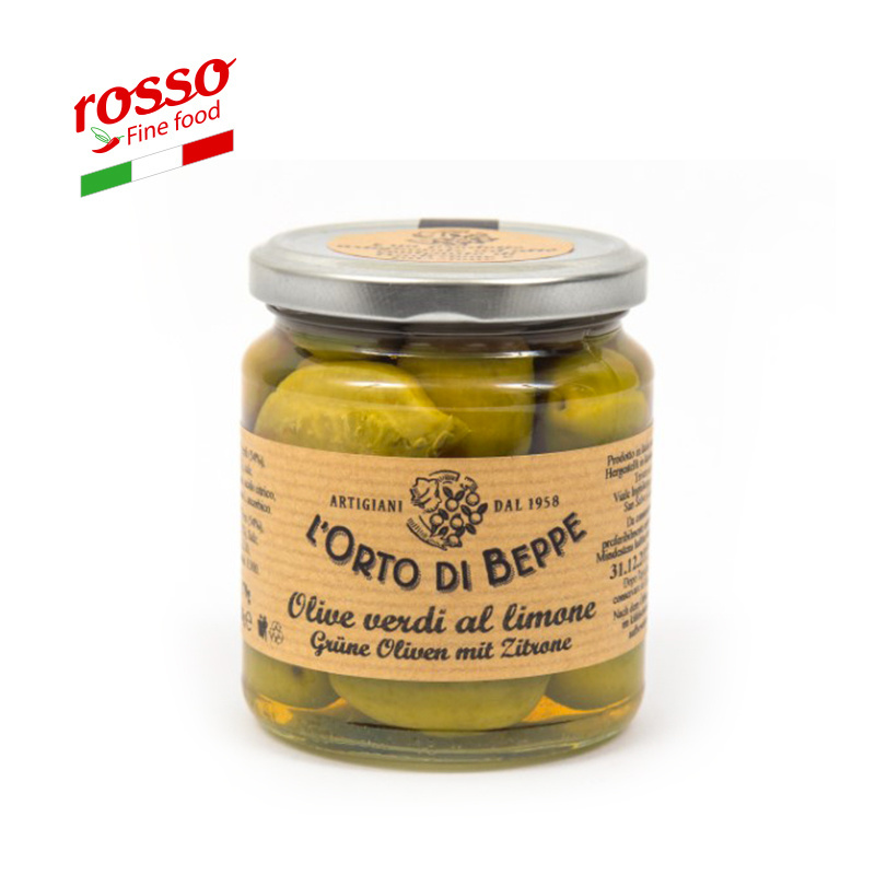 L' Orto di Beppe Green olives with lemon in Glass jar 280 gr - Made in Italy