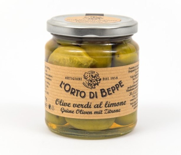 L' Orto di Beppe Green olives with lemon in Glass jar 280 gr - Made in Italy