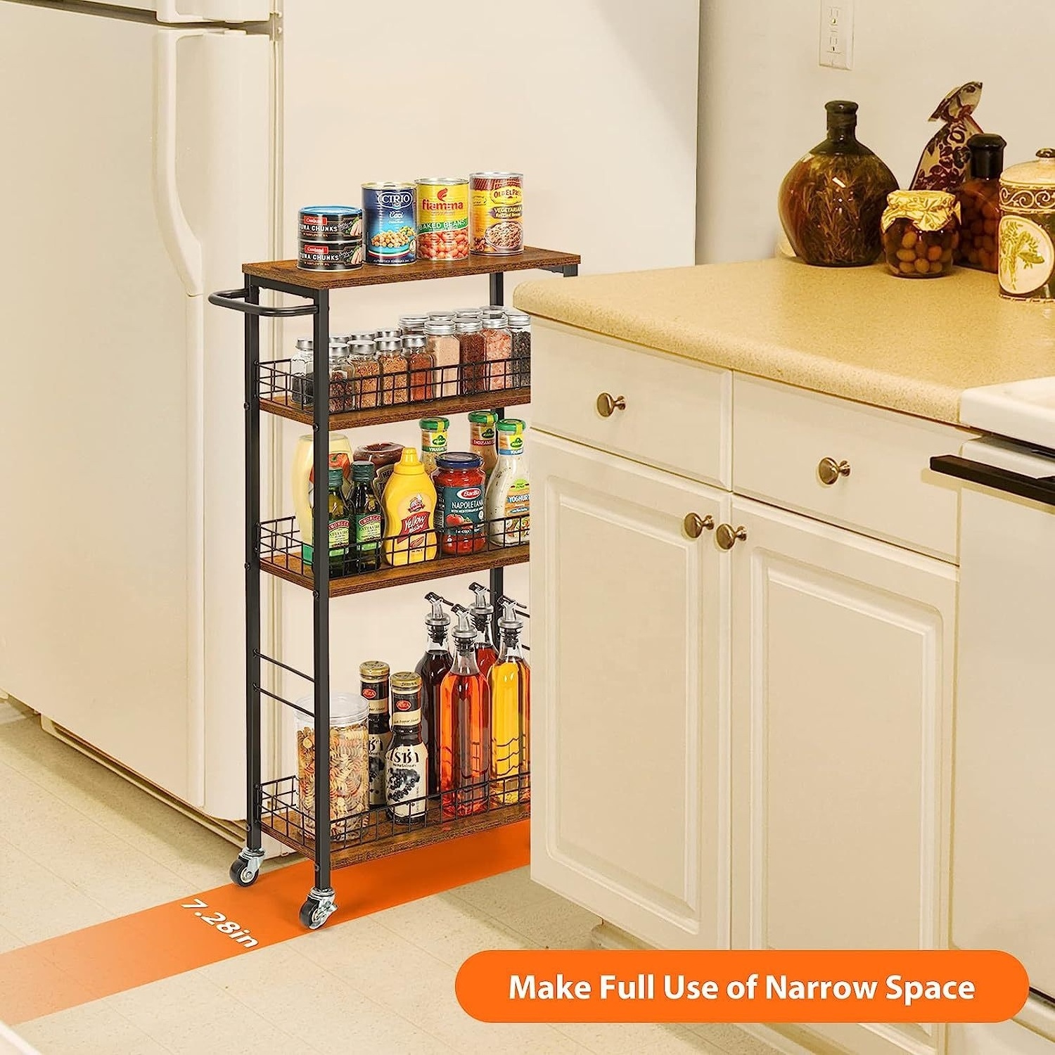 Wood and Metal Handle Slide Out Storage Shelving 4 Tier Mobile Narrow Kitchen Rolling Utility Cart on Wheels Slim Storage Cart