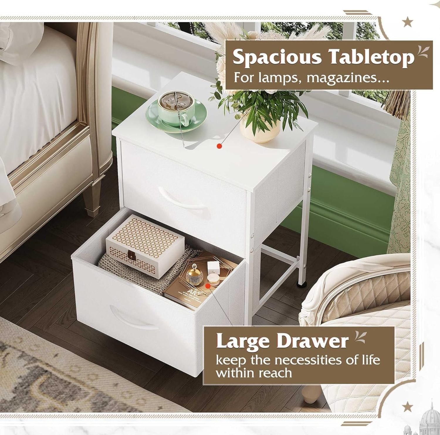 Nightstand 2 Drawer Dresser for Bedroom Small Dresser with 2 Drawers Bedside Furniture End Table with Fabric Bins for Bedroom