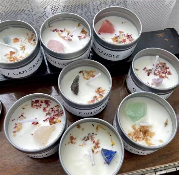 Custom Private Label Dried Flower Healing Luxury Bougie Soy Wax Small Tin Scented Crystal Candles in Can