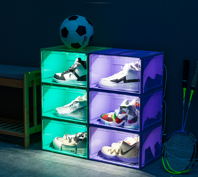 New LED Light Style Design Stabkable Case Home Organizers Transparent Door Plastic PP Box Shoes Storage